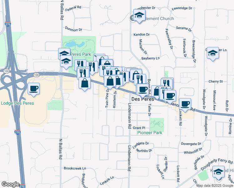 map of restaurants, bars, coffee shops, grocery stores, and more near 1090 Kinstern Drive in Saint Louis