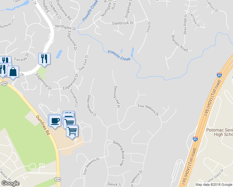 map of restaurants, bars, coffee shops, grocery stores, and more near 16081 Dancing Leaf Place in Dumfries