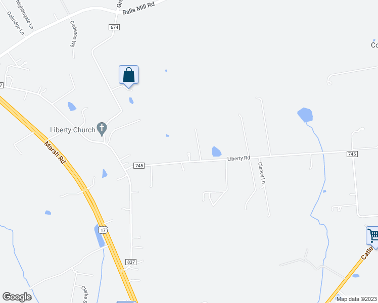 map of restaurants, bars, coffee shops, grocery stores, and more near 6300 Liberty Road in Bealeton