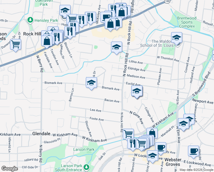 map of restaurants, bars, coffee shops, grocery stores, and more near 448 Bismark Avenue in Webster Groves