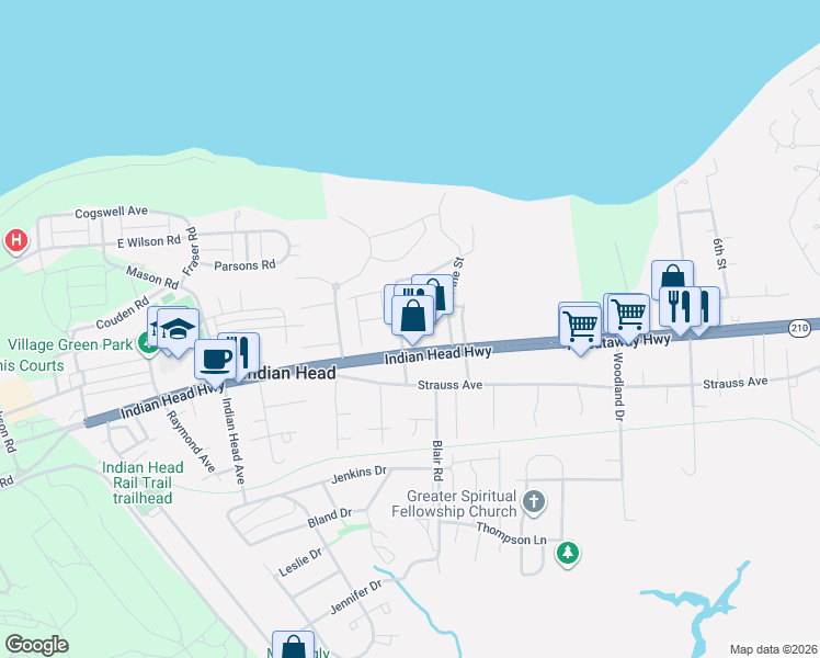 map of restaurants, bars, coffee shops, grocery stores, and more near 4336 Indian Head Highway in Indian Head
