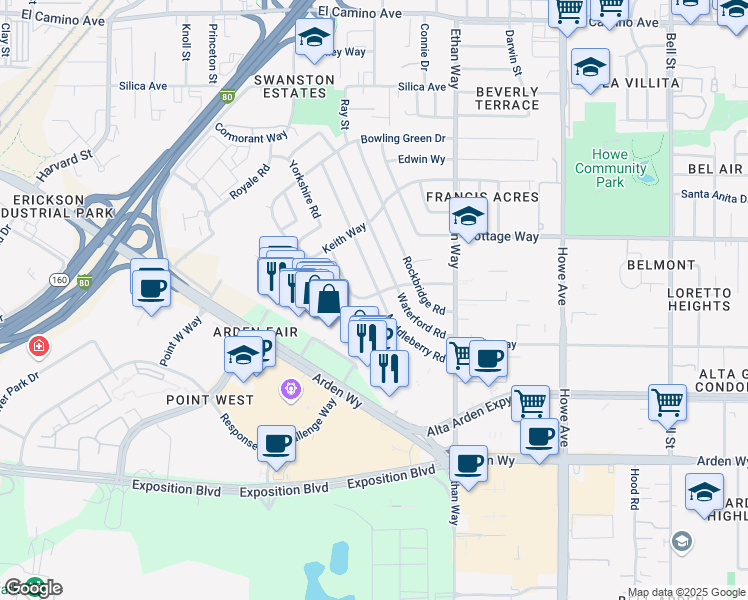 map of restaurants, bars, coffee shops, grocery stores, and more near 1969 Middleberry Road in Sacramento