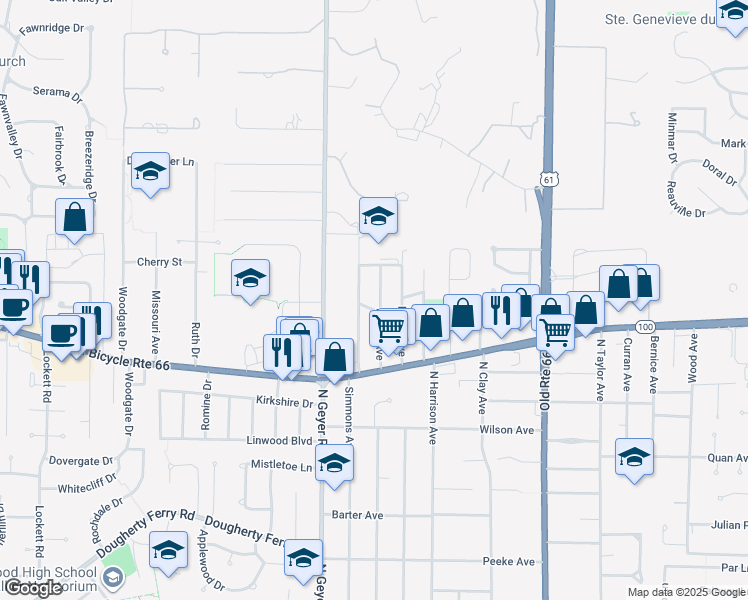map of restaurants, bars, coffee shops, grocery stores, and more near 1207 Folger Avenue in Kirkwood