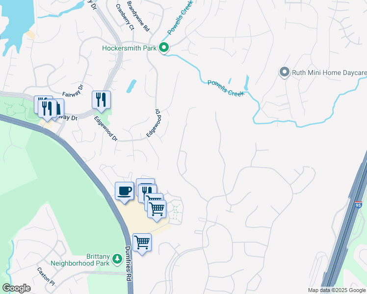 map of restaurants, bars, coffee shops, grocery stores, and more near 4022 Great Harvest Court in Dumfries