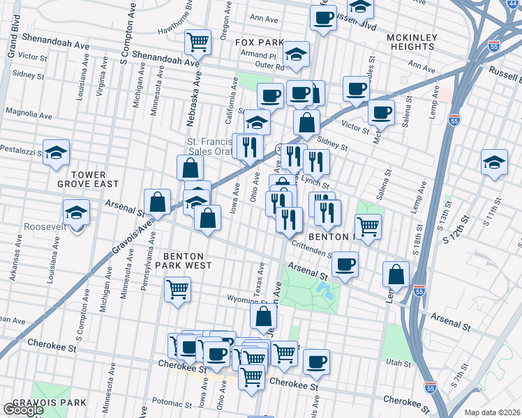 map of restaurants, bars, coffee shops, grocery stores, and more near Pestalozzi Street in St. Louis