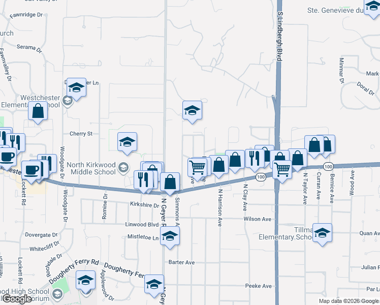 map of restaurants, bars, coffee shops, grocery stores, and more near 1154 Simmons Avenue in Kirkwood