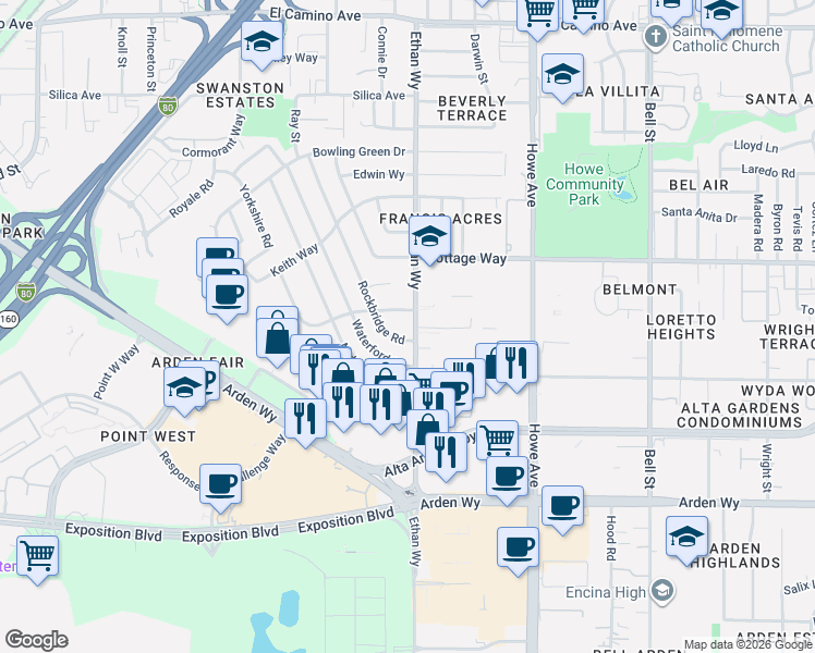 map of restaurants, bars, coffee shops, grocery stores, and more near 1905 Rockbridge Road in Sacramento