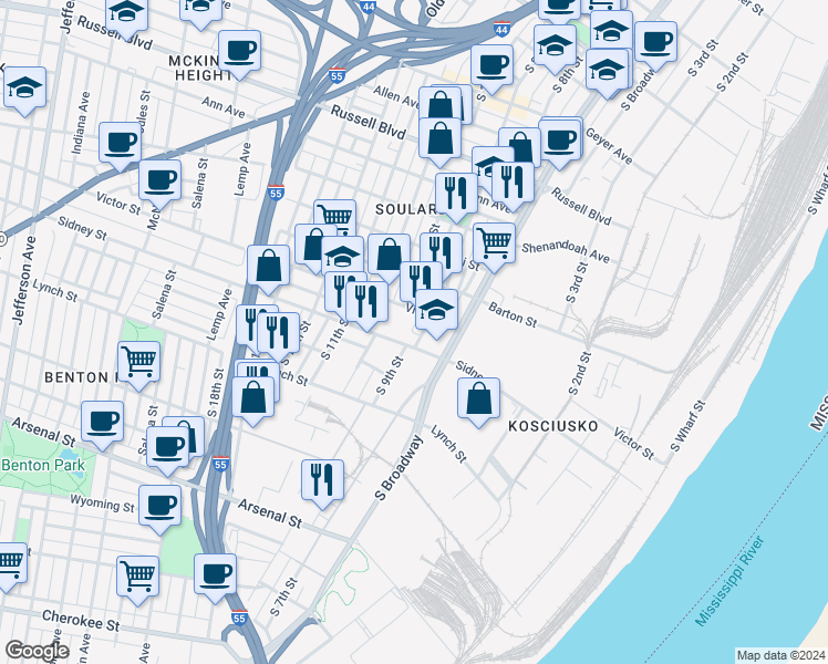 map of restaurants, bars, coffee shops, grocery stores, and more near 913 Sidney Street in St. Louis