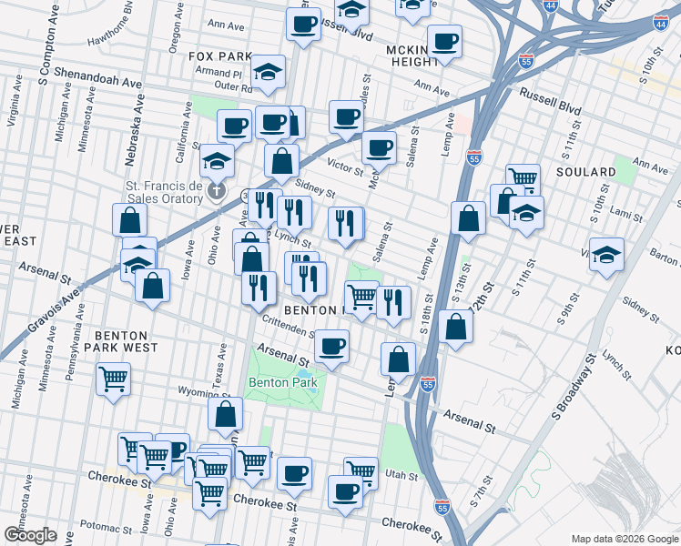 map of restaurants, bars, coffee shops, grocery stores, and more near 2841 McNair Avenue in St. Louis