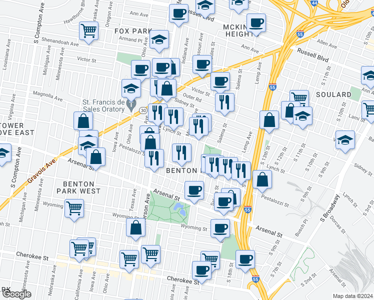 map of restaurants, bars, coffee shops, grocery stores, and more near 2841 McNair Avenue in St. Louis