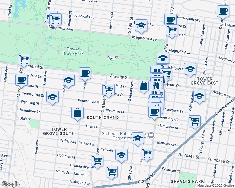 map of restaurants, bars, coffee shops, grocery stores, and more near 3826 Juniata Street in St. Louis