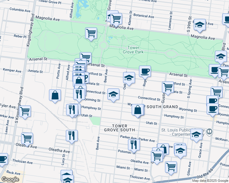 map of restaurants, bars, coffee shops, grocery stores, and more near 4124 Connecticut Street in St. Louis