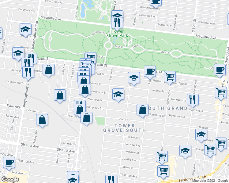map of restaurants, bars, coffee shops, grocery stores, and more near 4168 Connecticut Street in St. Louis