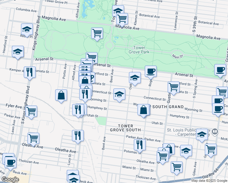 map of restaurants, bars, coffee shops, grocery stores, and more near 4168 Connecticut Street in St. Louis