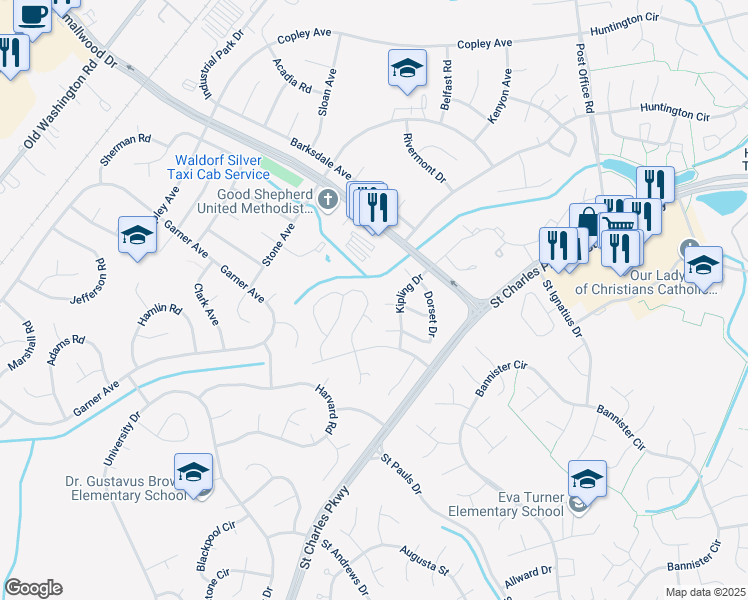 map of restaurants, bars, coffee shops, grocery stores, and more near 329 Bucknell Circle in Waldorf