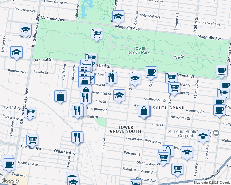 map of restaurants, bars, coffee shops, grocery stores, and more near 4157 Connecticut Street in St. Louis