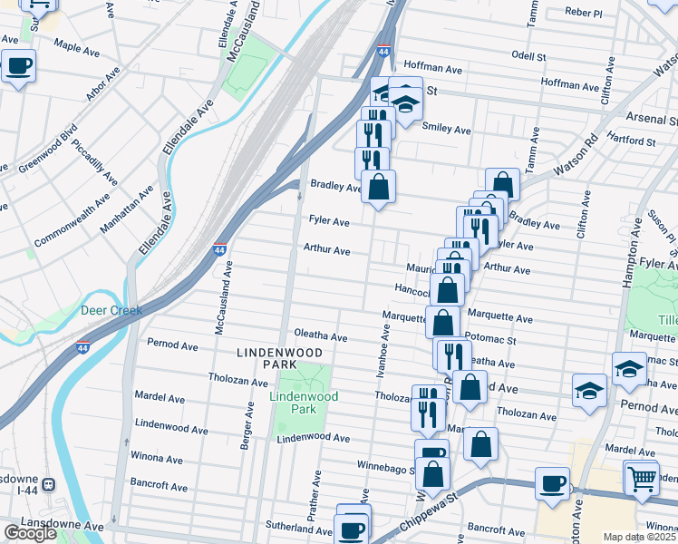 map of restaurants, bars, coffee shops, grocery stores, and more near 6735 Hancock Avenue in St. Louis