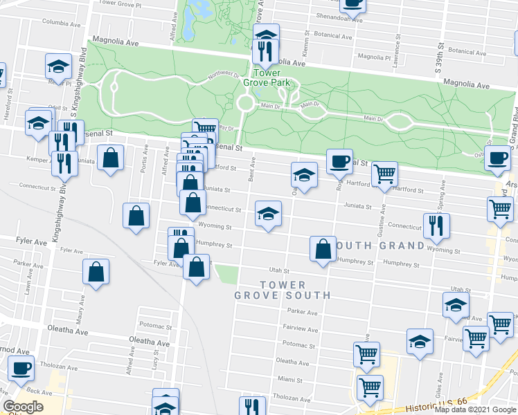 map of restaurants, bars, coffee shops, grocery stores, and more near 4168 Connecticut Street in St. Louis