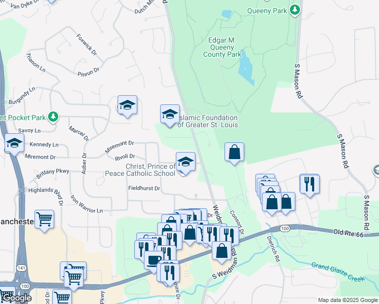 map of restaurants, bars, coffee shops, grocery stores, and more near 505 Clarington Drive in Ballwin