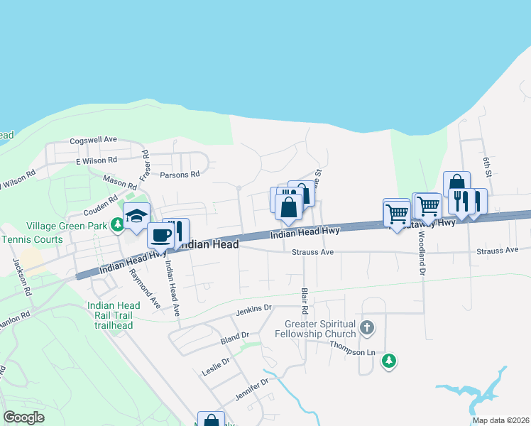 map of restaurants, bars, coffee shops, grocery stores, and more near 17 Dale Drive in Indian Head