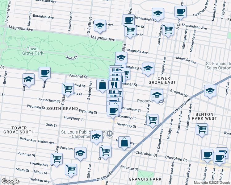 map of restaurants, bars, coffee shops, grocery stores, and more near 3613 Juniata Street in St. Louis