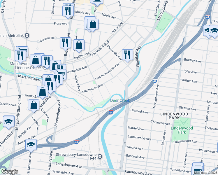 map of restaurants, bars, coffee shops, grocery stores, and more near 7103 Drury Lane in Maplewood