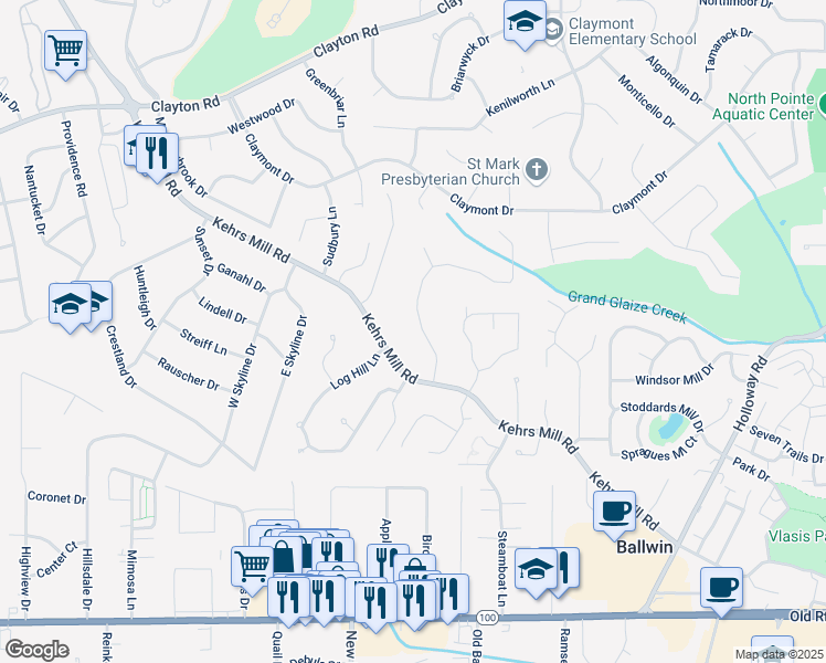 map of restaurants, bars, coffee shops, grocery stores, and more near 235 Geremma Drive in Ballwin