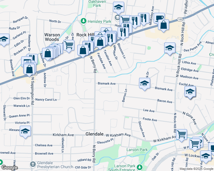 map of restaurants, bars, coffee shops, grocery stores, and more near 15 Glenhaven Drive in St. Louis