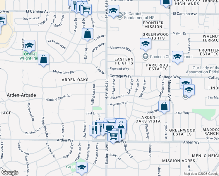 map of restaurants, bars, coffee shops, grocery stores, and more near 2009 Vesta Way in Sacramento