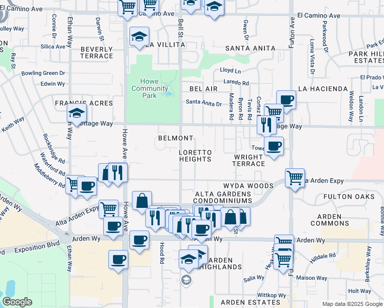 map of restaurants, bars, coffee shops, grocery stores, and more near 1917 Woodstock Way in Sacramento
