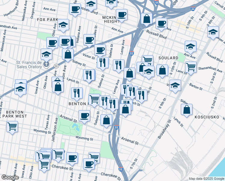 map of restaurants, bars, coffee shops, grocery stores, and more near 1815 Lynch Street in St. Louis