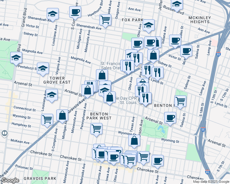 map of restaurants, bars, coffee shops, grocery stores, and more near 3000 Crittenden Street in St. Louis