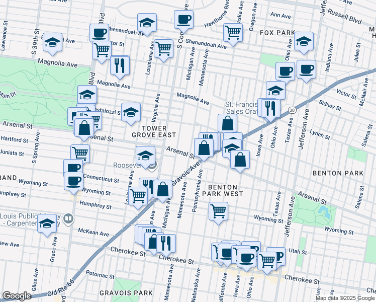 map of restaurants, bars, coffee shops, grocery stores, and more near 3116 Michigan Avenue in St. Louis