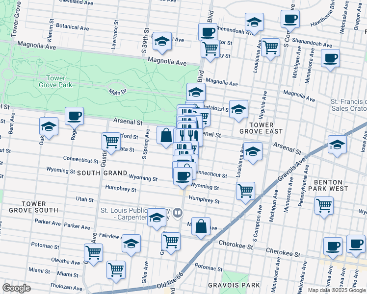 map of restaurants, bars, coffee shops, grocery stores, and more near 3613 Juniata Street in St. Louis