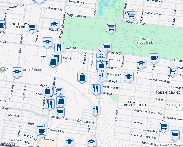 map of restaurants, bars, coffee shops, grocery stores, and more near 3223 Alfred Avenue in St. Louis