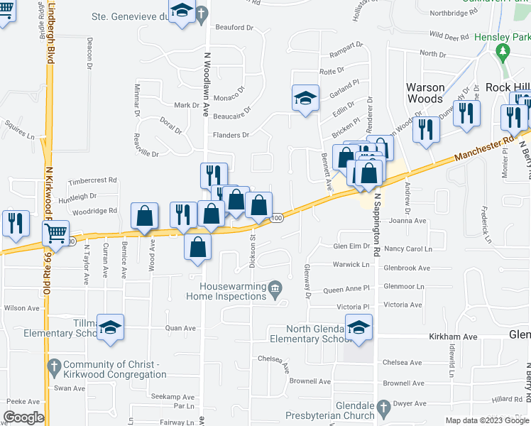 map of restaurants, bars, coffee shops, grocery stores, and more near 10160 Manchester Road in Kirkwood