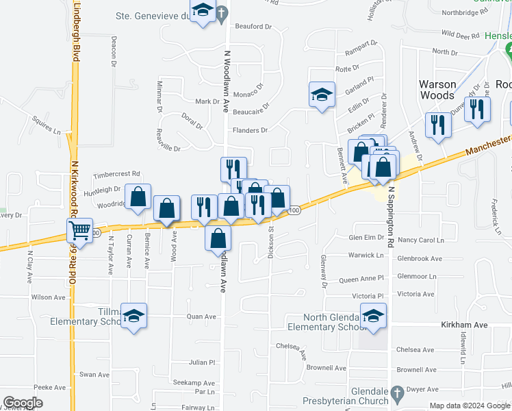 map of restaurants, bars, coffee shops, grocery stores, and more near 10205 Manchester Road in Kirkwood