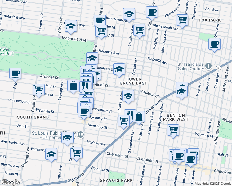 map of restaurants, bars, coffee shops, grocery stores, and more near 3405 Hartford Street in St. Louis