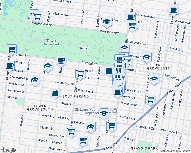 map of restaurants, bars, coffee shops, grocery stores, and more near 3826 Juniata Street in St. Louis
