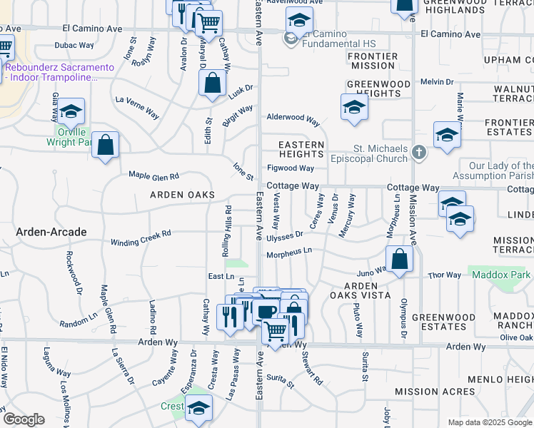 map of restaurants, bars, coffee shops, grocery stores, and more near 2009 Vesta Way in Sacramento