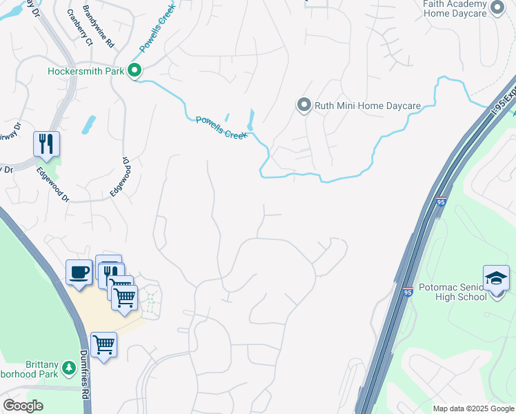 map of restaurants, bars, coffee shops, grocery stores, and more near 16210 Timid Creek Court in Dumfries