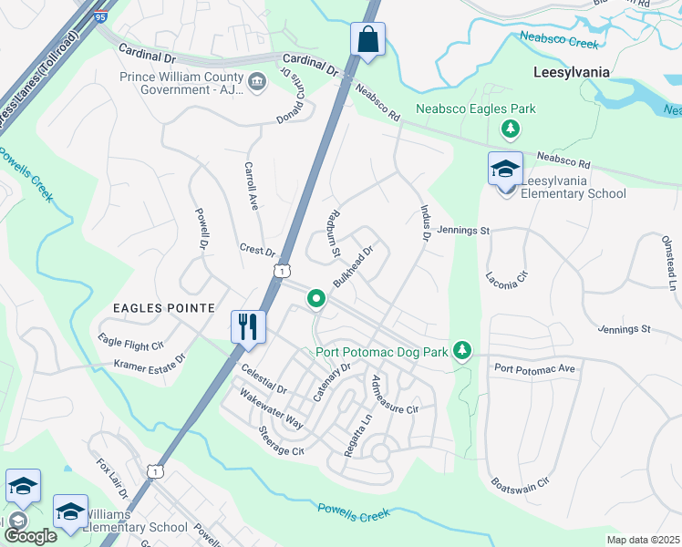map of restaurants, bars, coffee shops, grocery stores, and more near 2736 Bulkhead Drive in Woodbridge