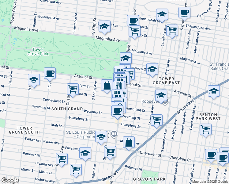 map of restaurants, bars, coffee shops, grocery stores, and more near 3624 Hartford Street in St. Louis