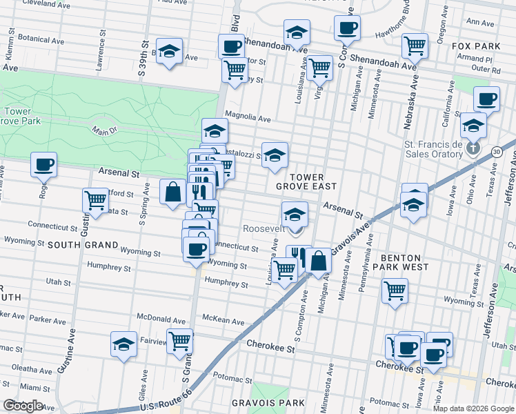 map of restaurants, bars, coffee shops, grocery stores, and more near 3405 Hartford Street in St. Louis