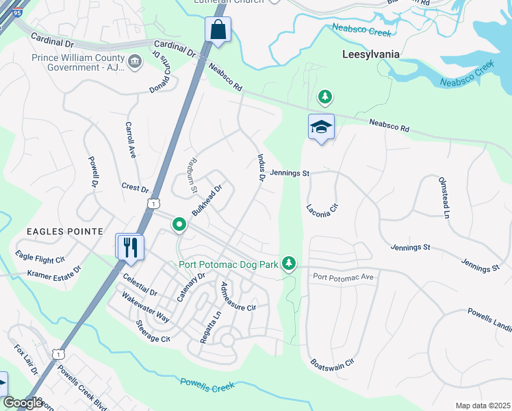 map of restaurants, bars, coffee shops, grocery stores, and more near 2501 Fraser Court in Woodbridge
