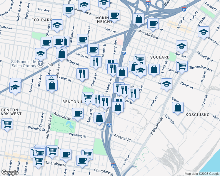 map of restaurants, bars, coffee shops, grocery stores, and more near 1815 Lynch Street in St. Louis