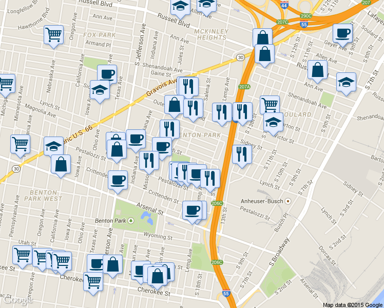 map of restaurants, bars, coffee shops, grocery stores, and more near 2814 Salena Street in St. Louis