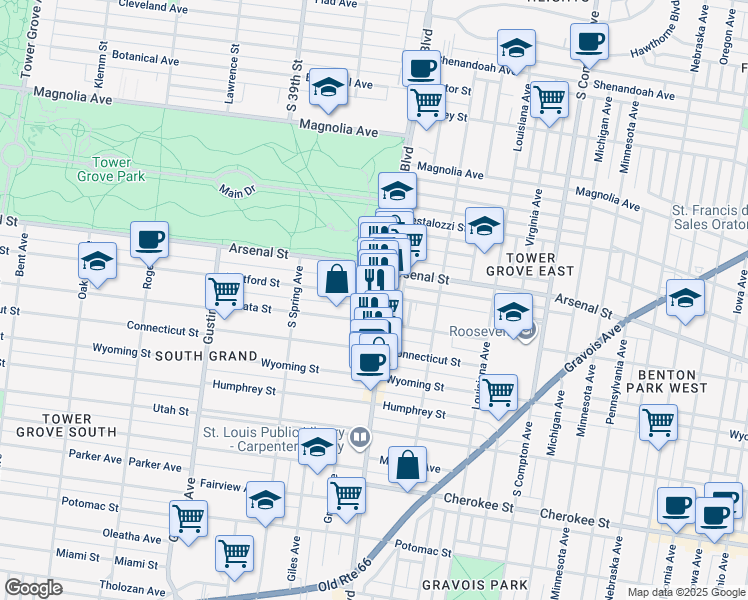 map of restaurants, bars, coffee shops, grocery stores, and more near 3613 Juniata Street in St. Louis