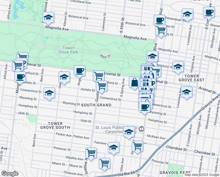 map of restaurants, bars, coffee shops, grocery stores, and more near 3826 Juniata Street in St. Louis