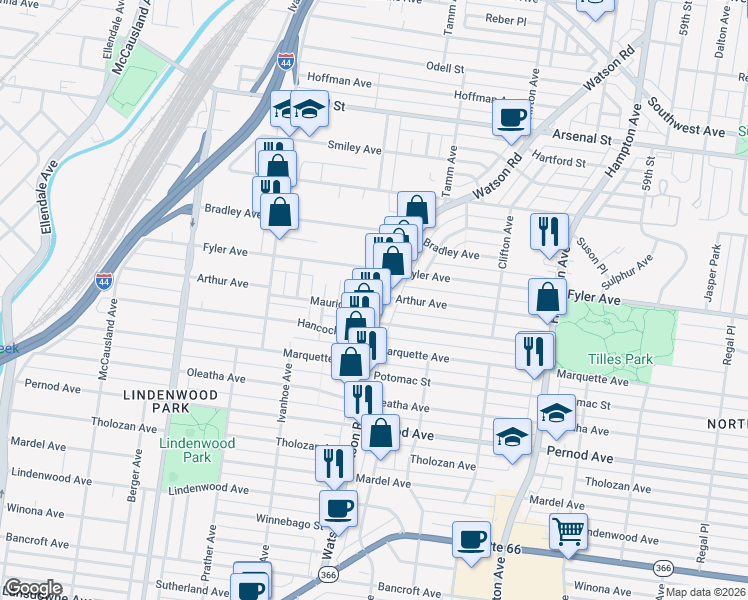 map of restaurants, bars, coffee shops, grocery stores, and more near 3417 Watson Road in St. Louis